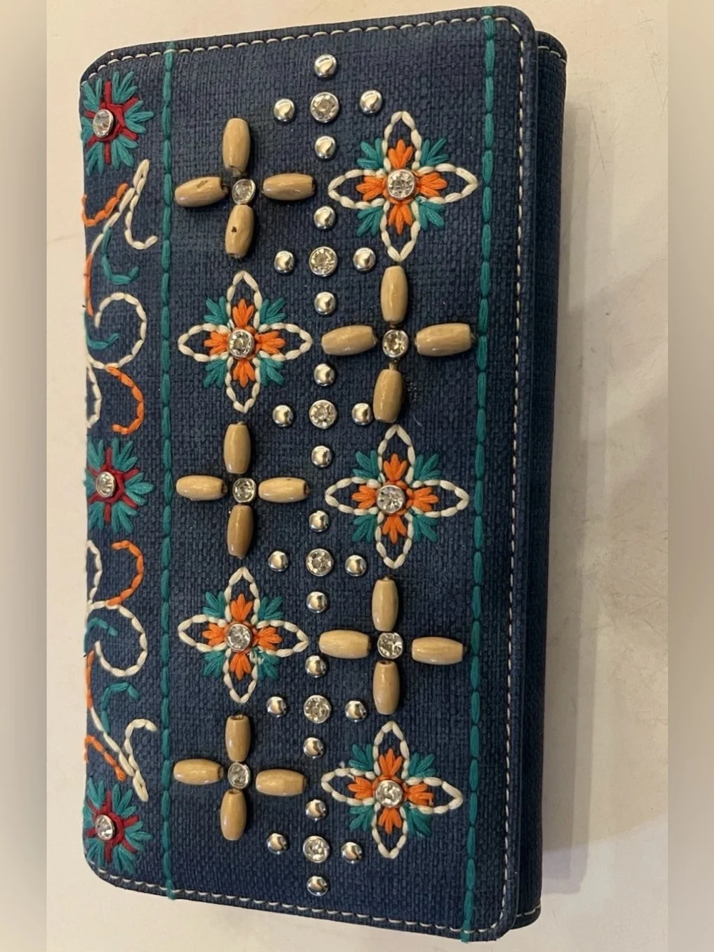 Montana West Blue Wallet Women's, with studs and embroidery, never used.
